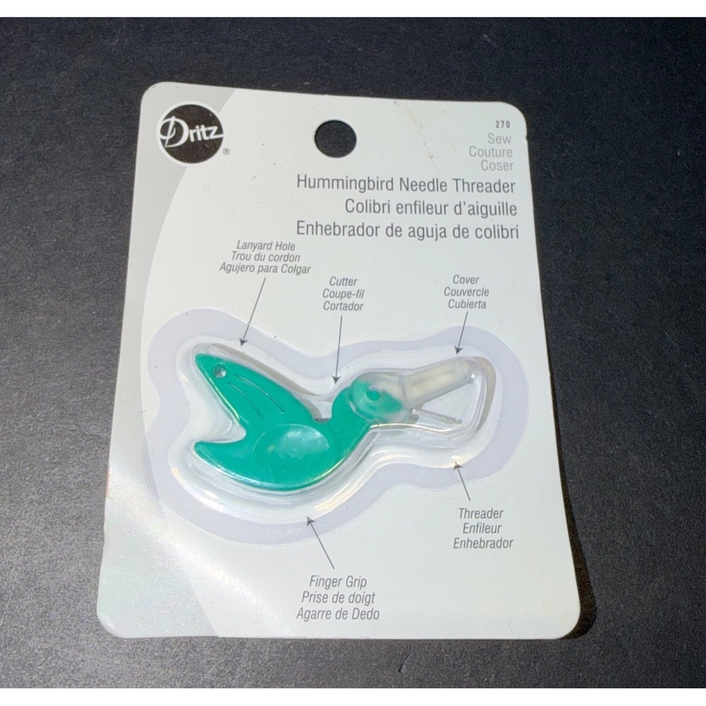 Dritz Hummingbird Needle Threader 270 Green with Cutter and Cover New